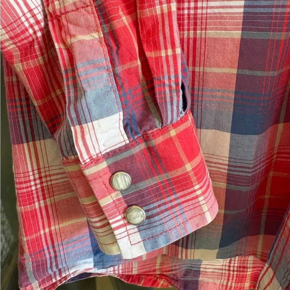 Kid’s Wrangler Retro Red White & Blue Plaid Pearl Snap Button-Down Shirt - Picture 4 of 6